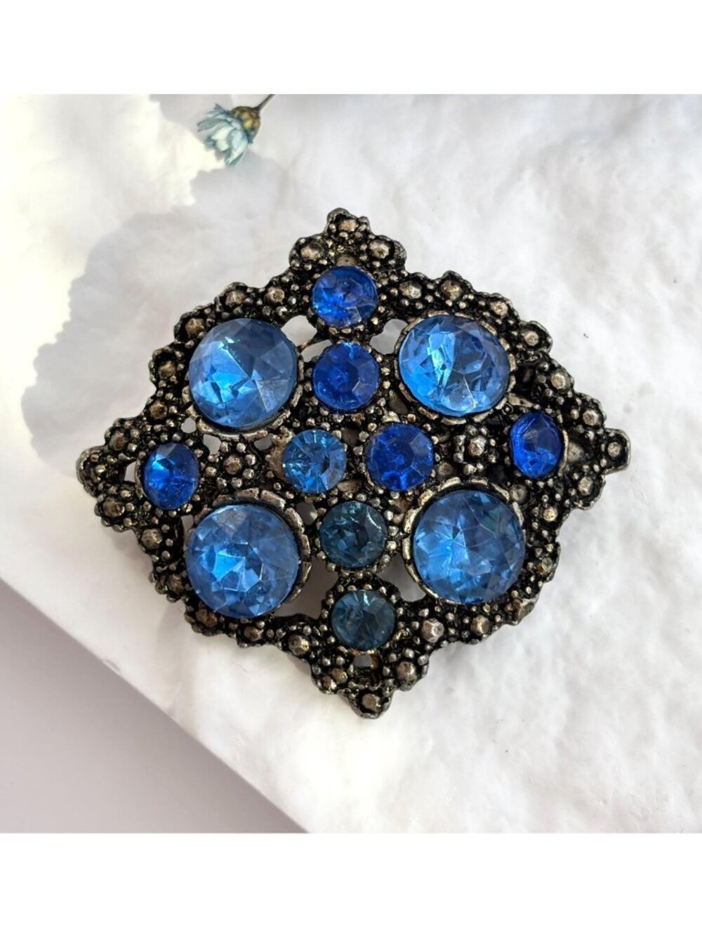 Oxidized Dark Silver Toned Blue Rhinestone Accented Victorian Insp Vintage Pin